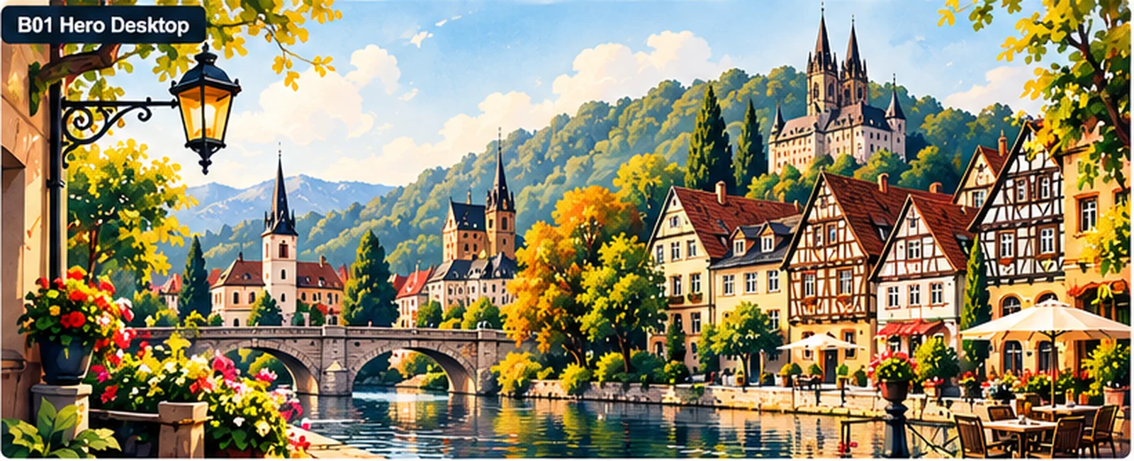 Illustrated German old town beside a river